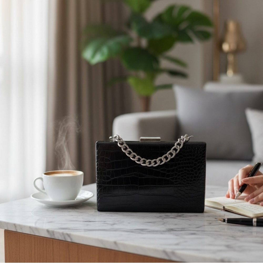 BCBGMaxAzria Black Croc Embossed Clutch with Chain